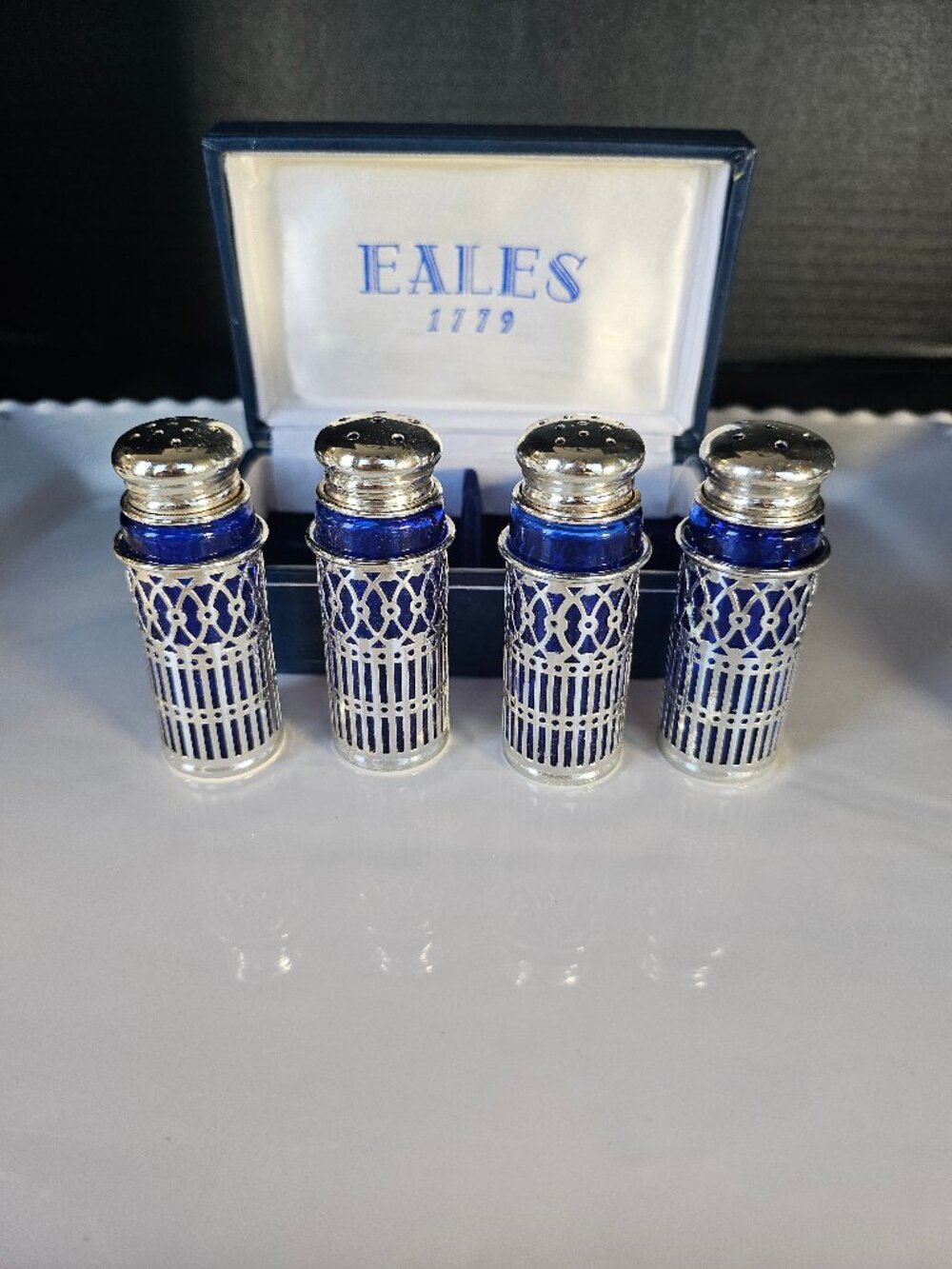 Eales 1779 Japan Silver Plate Filigree & Cobalt Blue Salt & Pepper Shakers Boxed